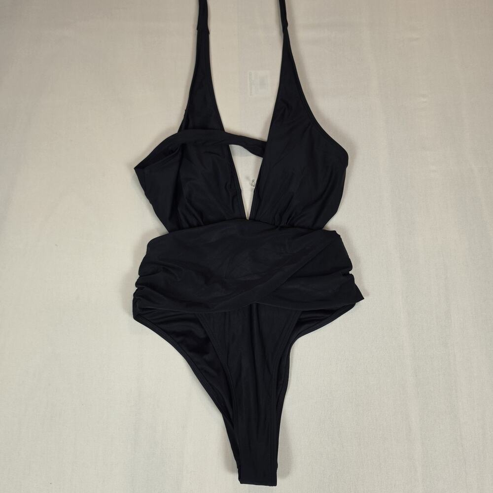 Women's One Piece Halter Swimsuit Black Ruched Deep V Open Back Estimated Size S